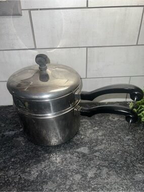 Vintage Farberware Stainless Steel Double Boiler Saucepan Black Handles 2 1/2 qt